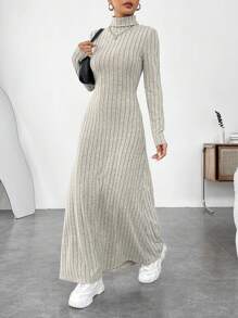 SHEIN EZwear 卡其色拉绒面料高领罗纹针织长款连衣裙 - 米色 - 查看 3