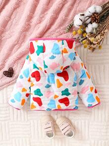 SHEIN 女婴爱心印花泰迪熊连帽夹棉外套 - 彩色 - 查看 2