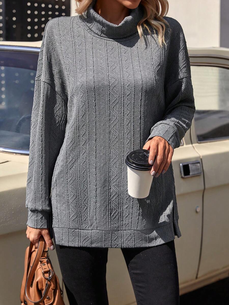 SHEIN LUNE Xám Cổ cao Thả vai Áo nỉ - Xám - Xem 1