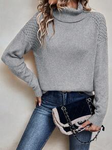 SHEIN Frenchy Women'S Solid Color High Neck Raglan Sleeve Sweater - Grey - View 4