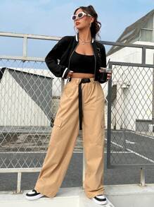 SHEIN EZwear Letter Patched Striped Trim Drop Shoulder Zipper Bomber Jacket - Black - View 4