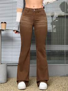 SHEIN EZwear 洗水效果喇叭牛仔裤 - 卡其色 - 查看 3