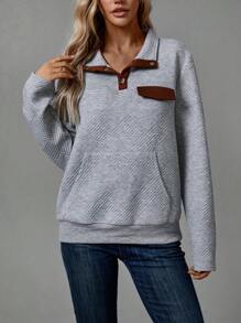 SHEIN LUNE Contrast Trim Kangaroo Pocket Sweatshirt - Grey - View 3