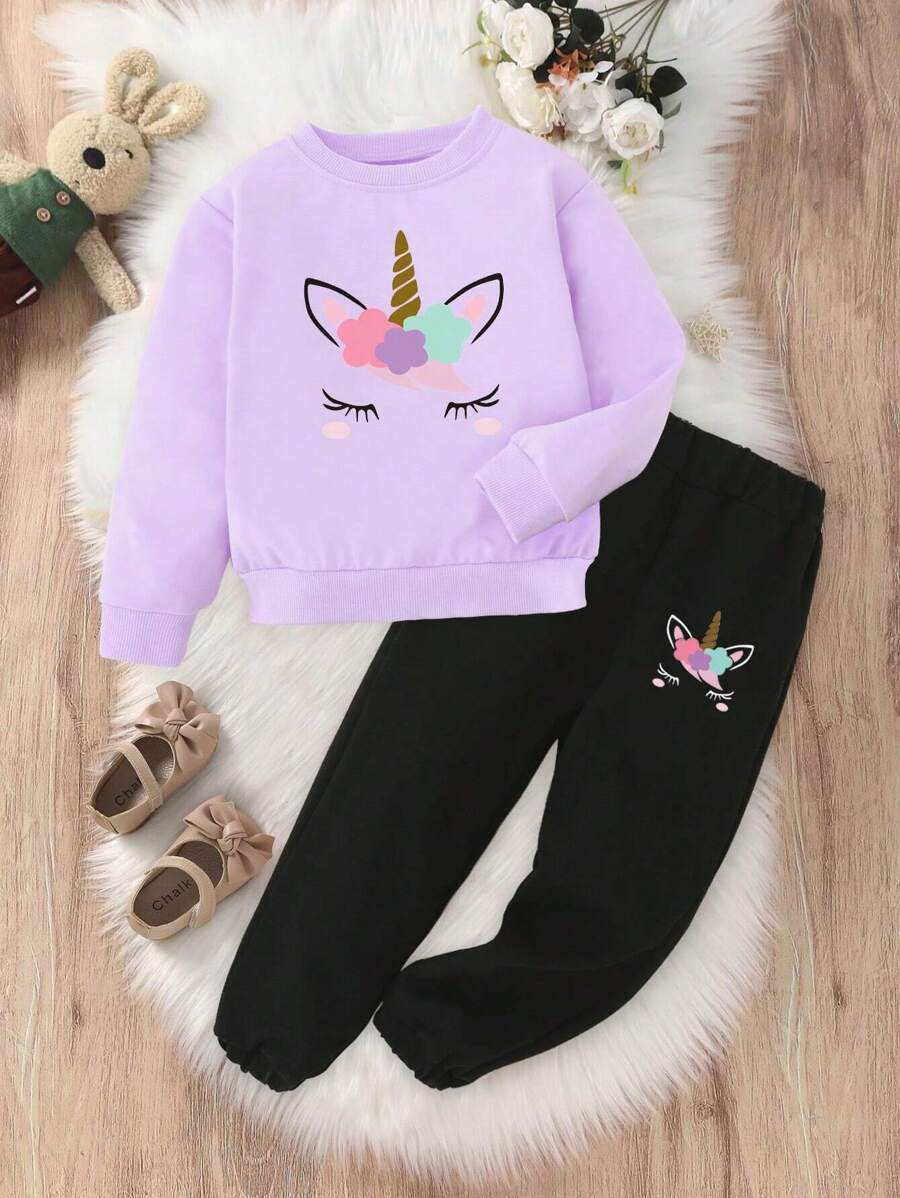 SHEIN 女小童獨角獸印花衛衣和衛褲 - 彩色 - 查看 1