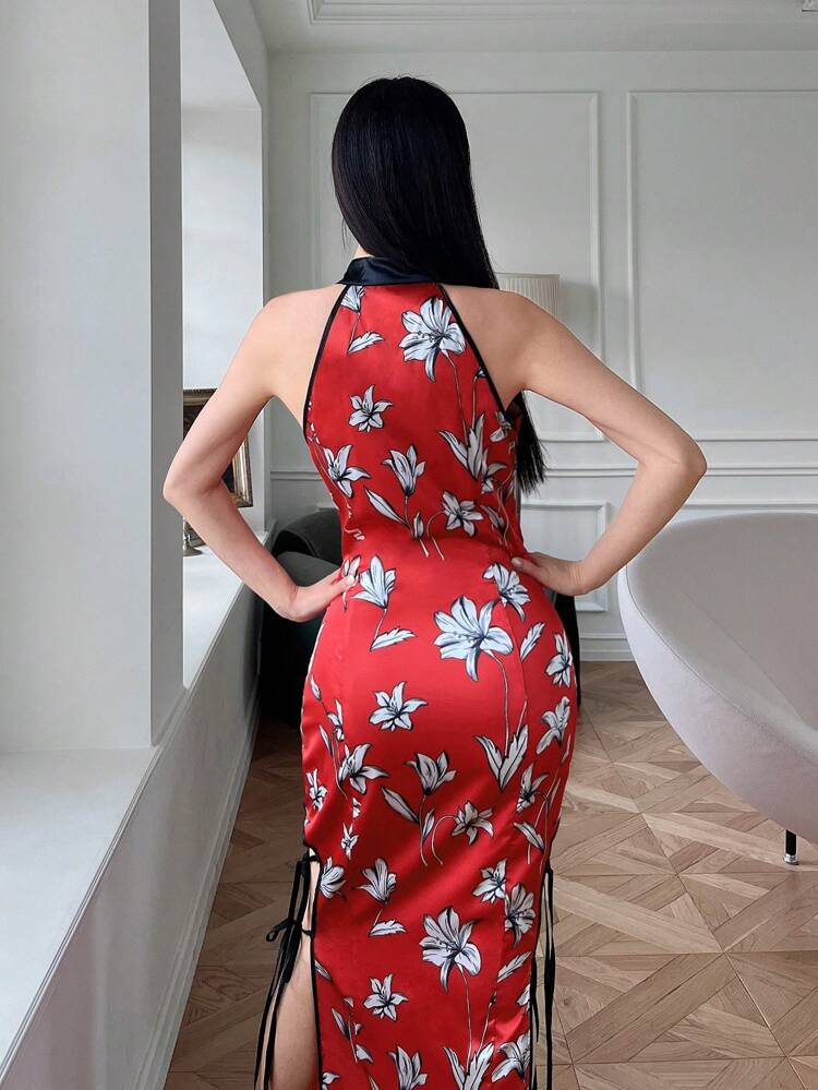 New Chinese Style Colorblock Qipao Collar Long Split Dress For Women, Slim Fit