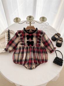 女嬰格紋印花荷葉邊前蝴蝶結荷葉袖連身背心 - 酒紅色 - 查看 1