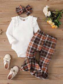 女嬰荷葉邊連身背心&格紋喇叭褲＆ 頭巾