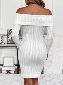 Chiquease Vestido de punto ajustado de hombros descubiertos doblado - Blanco - Ver 2