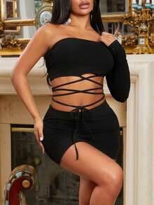 SHEIN SXY 新年女士單肩無背帶性感兩件套裝 - 黑色 - 查看 5