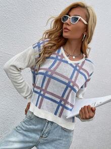 SHEIN Essnce 格紋圖案落肩袖套頭毛衣 - 白色 - 查看 3