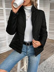 SHEIN Frenchy Solid Color Padded Coat With Zipper - Black - View 4