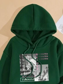 SHEIN EZwear Lá thư & Ngôi nhà In Hoodie Và Quần Bộ Với dây rút Đối với phụ nữ - Màu xanh lá cây đậm - Xem 6
