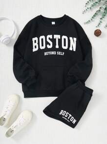 Tween meisje Gebreid Effen kleur Hoodie Met Letterprint En Los Short set