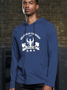 Manfinity Athleisure 男士字母印花抽绳连帽卫衣 - 水鴨藍 - 查看 1