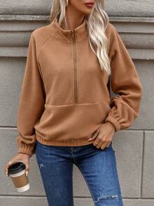 SHEIN LUNE Half Zip Raglan Sleeve Sweatshirt - Khaki - View 6