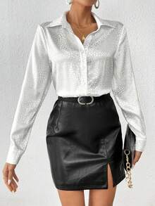 SHEIN Privé Dalmatian Jacquard Button Front Shirt - White - View 6