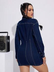 SHEIN EZwear Flap Pocket Buttoned Denim Dress - Dark Wash - View 2