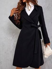 SHEIN Clasi Solid Knot Side Wrap Overcoat - Black - View 6