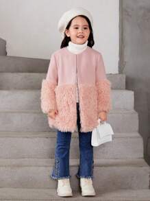 SHEIN Young Girl Open Front Fuzzy Panel Overcoat - Pink - View 8