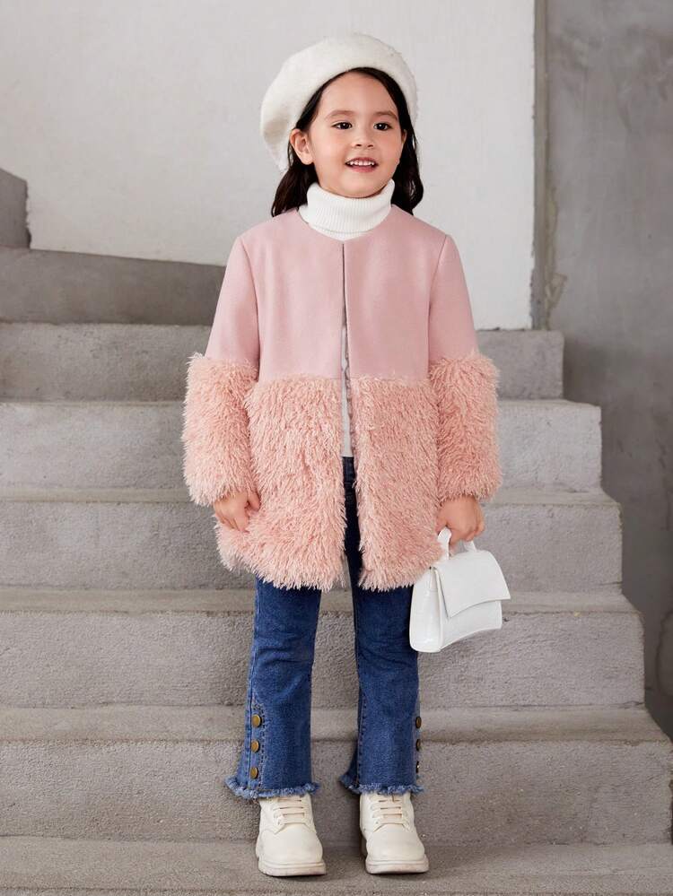 Young Girl Open Front Fuzzy Panel Overcoat