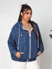 SHEIN EZwear Plus Size Women's Denim Jacket With Hood - Blue - View 5