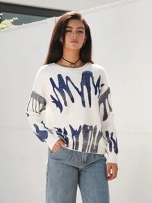 SHEIN EZwear 圖形圖案落肩袖套頭毛衣 - 藍白色 - 查看 4