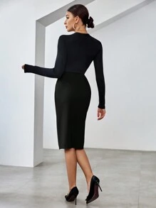 SHEIN Privé 紐扣細節褶邊高衩半身裙 - 黑色 - 查看 2