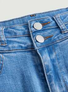 SHEIN 少女實色喇叭廓形牛仔褲 - 中等水洗藍 - 查看 3