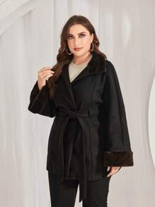 Modelyn Áo khoác cỡ lớn có tay áo Raglan, cổ áo bằng vải nhung và thắt lưng - màu đen - Xem 3