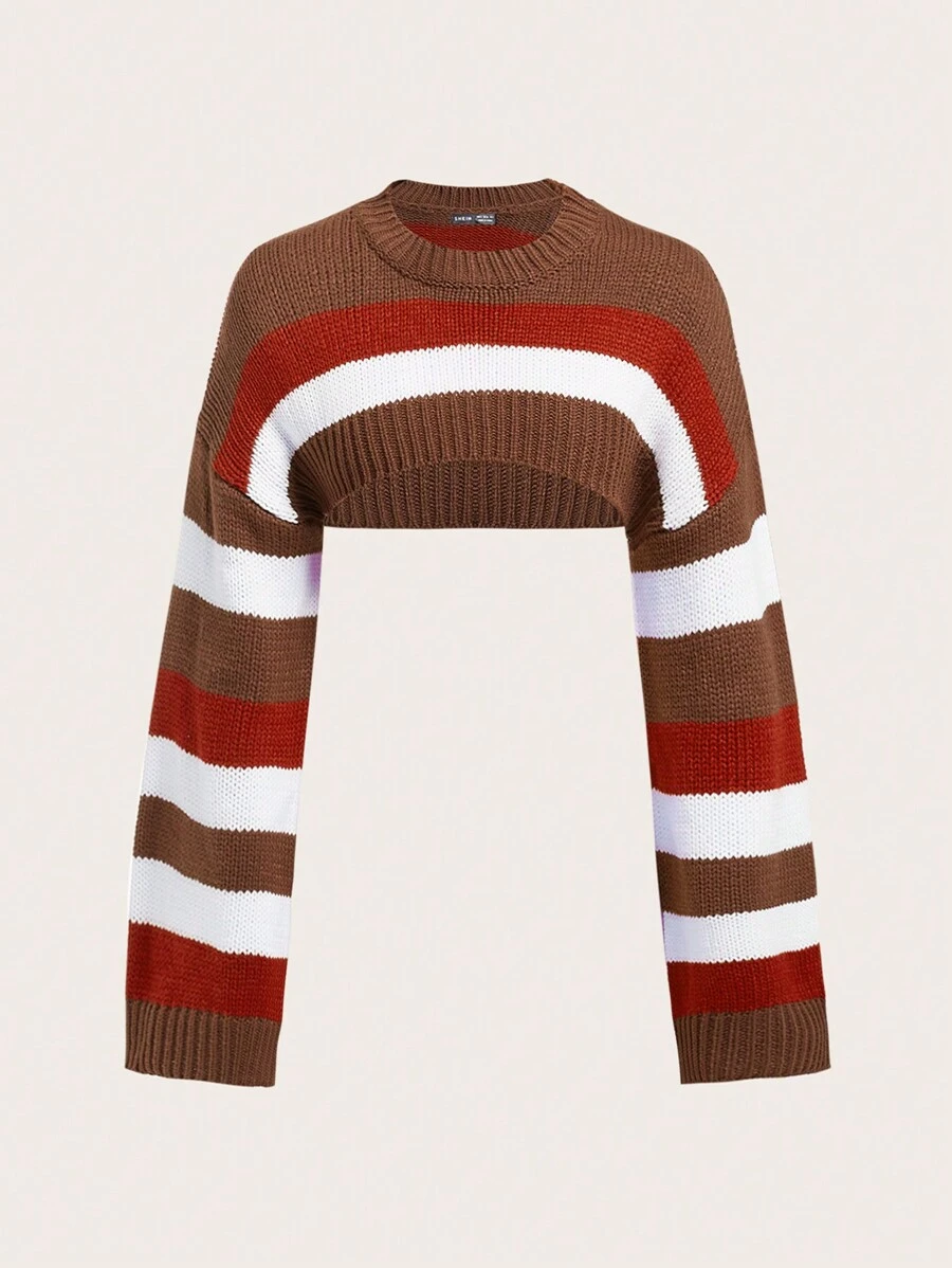 SHEIN ICON Striped Pattern Drop Shoulder Crop Sweater - Multicolor - View 1