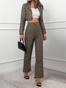 EURMUSE Women's Plaid Lapel NeckLong Sleeve Jacket And Pants Elegant Suit Set - Multicolor - View 5