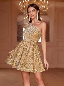 单肩无袖闪亮亮片迷你A字形派对礼服，适合夏季晚会 - 香檳色 - 查看 4