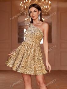 Single-Shoulder Sleeveless Sparkling Sequin Mini A-Line Party Dress For Summer Evening Events