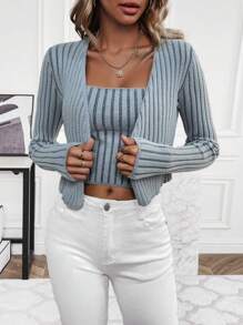 SHEIN LUNE Gerippter Strickpullover Und Cardigan - Grau - Übersicht 4