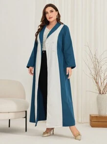 Mulvari Women's Plus Size Color Block Double-Breasted Arabian Dress With Shawl Collar Abayas - Multicolor - View 4