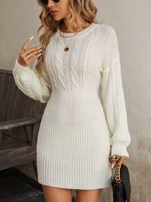 SHEIN LUNE 麻花編織落肩袖毛衣洋裝 - 白色 - 查看 4