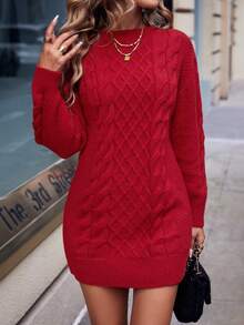 SHEIN Essnce 麻花紋女性寬鬆連身裙 - 酒紅色 - 查看 6
