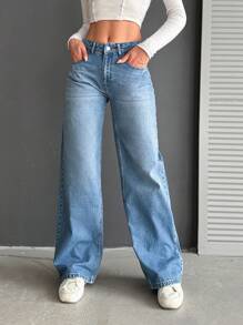 EURMUSE 100%Cotton Low Waist Wide Leg Medium Wash - Medium Wash - View 1