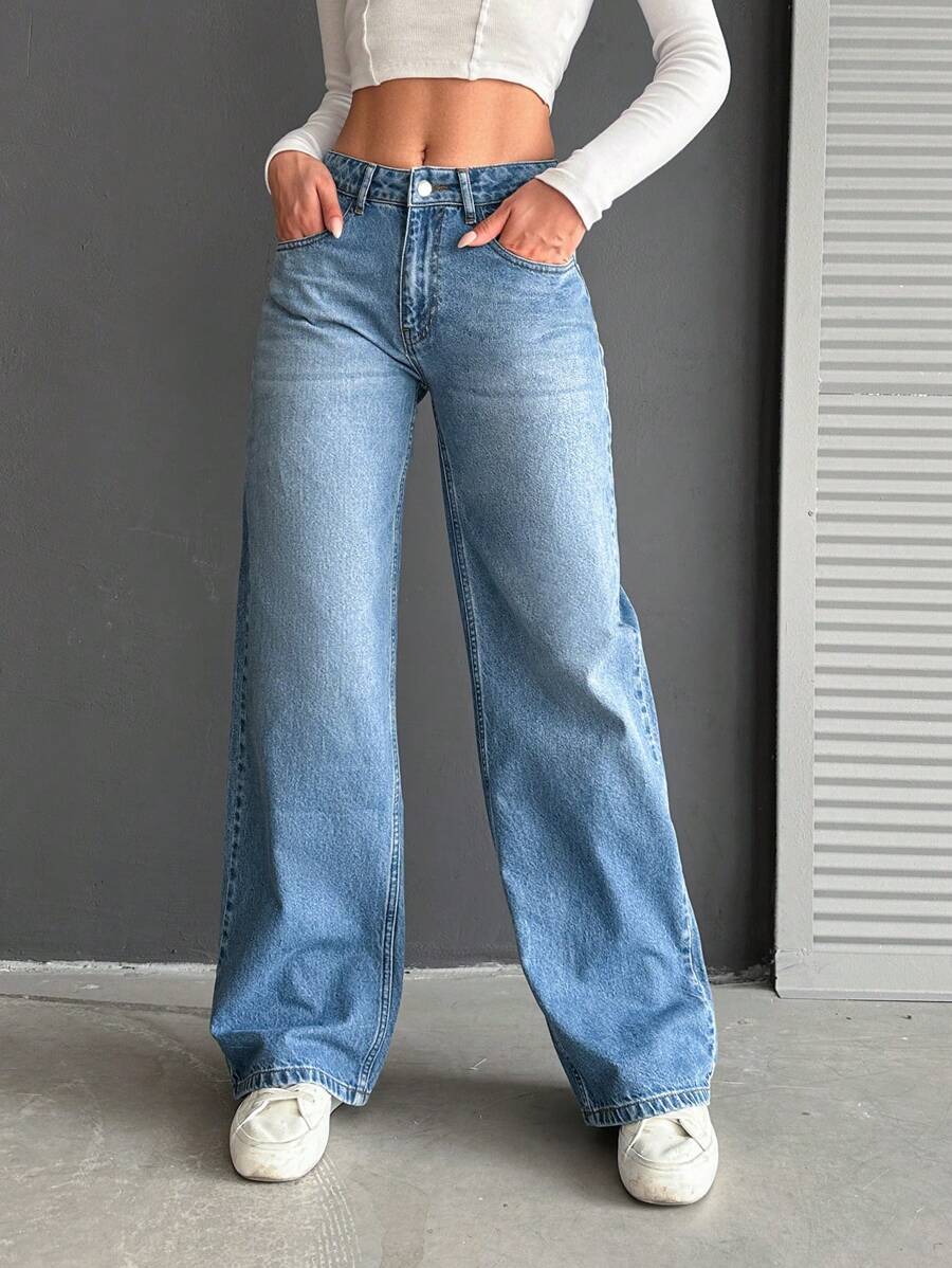 EURMUSE 100%Cotton Low Waist Wide Leg Medium Wash - Medium Wash - View 1