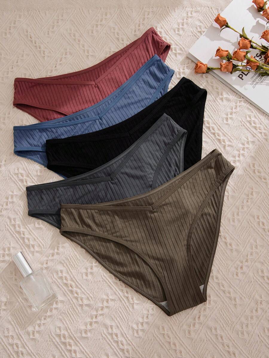 Women's Casual Plain Slight Stretch Ribbed Bikini Briefs 5 Pack Multicolored Underwear - Multicolor - View 1