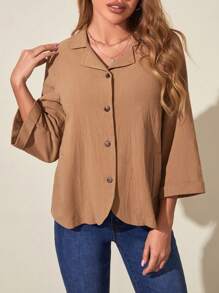 SHEIN LUNE Solid Button Front Lapel Collar Coat - Khaki - View 3