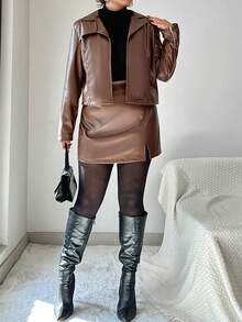 RueChic Women's Plus Size Pu Leather Two-piece Set With Solid Color And Simple Lapel Collar Design - Camel - View 4