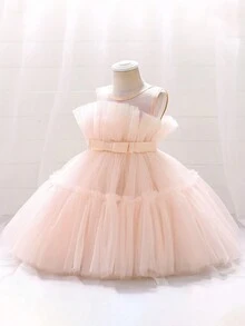 Bebé niña Vestido de fiesta ribete con fruncido con lazo delantero de malla - Rosa coral - Ver 4