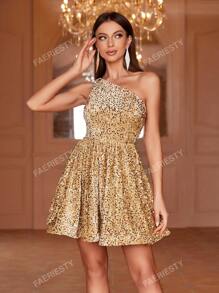 Single-Shoulder Sleeveless Sparkling Sequin Mini A-Line Party Dress For Summer Evening Events