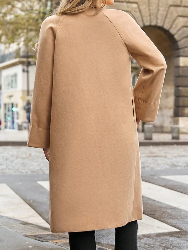 Waterfall Collar Contrast Color Rolled Edge Raglan Sleeve Coat In Woolen Fabric