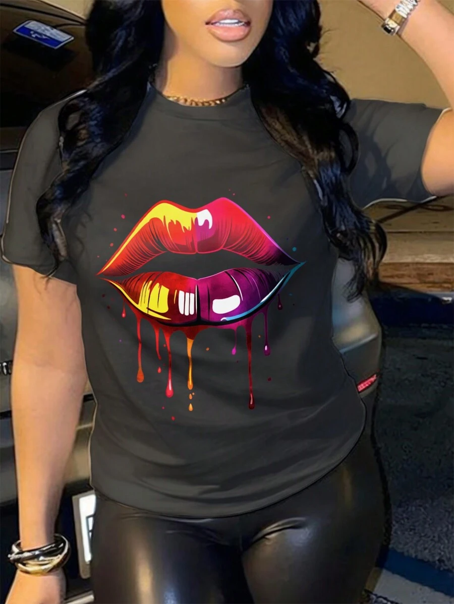 Maweii 大碼嘴唇印花T恤 - 黑色 - 查看 1