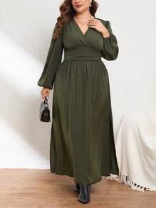 SHEIN Privé 大尺碼女款燈籠袖百褶連身裙 - 軍綠色 - 查看 3