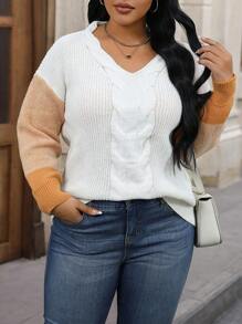 Calvaya 加大码撞色落肩麻花针织套头衫秋冬毛衣 - 彩色 - 查看 6