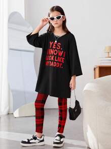 補間女孩時尚街頭風格針織圓領上衣與格紋褲 - 黑色 - 查看 6