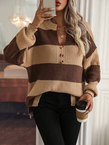 SHEIN LUNE Hai tông màu Sọc Thả vai Áo len Với Cổ áo có khía - Màu Khaki - Xem 4